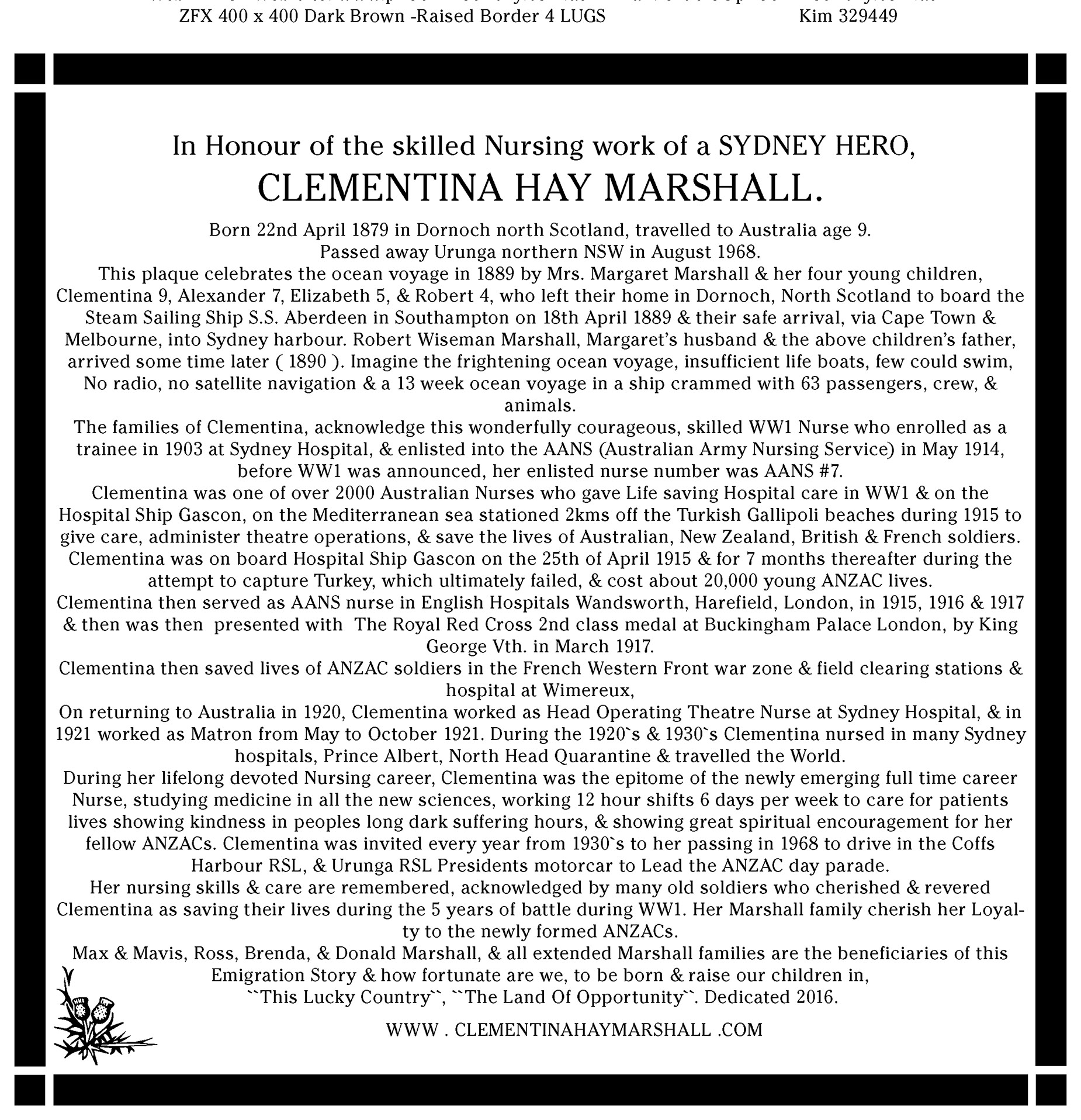 LAYOUT OF HISTORICAL PLATE MADE IN BRONZE FOR CLEMENTINA MARSHALL GRAVESITE AT URUNGA NSW AUSTRALIA 
